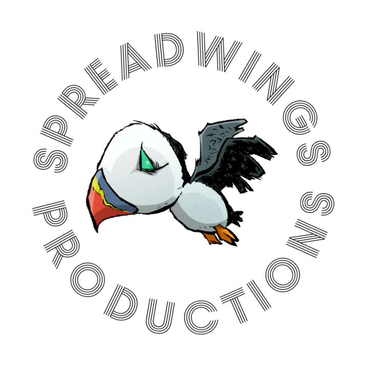 Firmenlogo SpreadWings Productions: ein stilisierter Papageientaucher im Schriftzug des Firmennamens